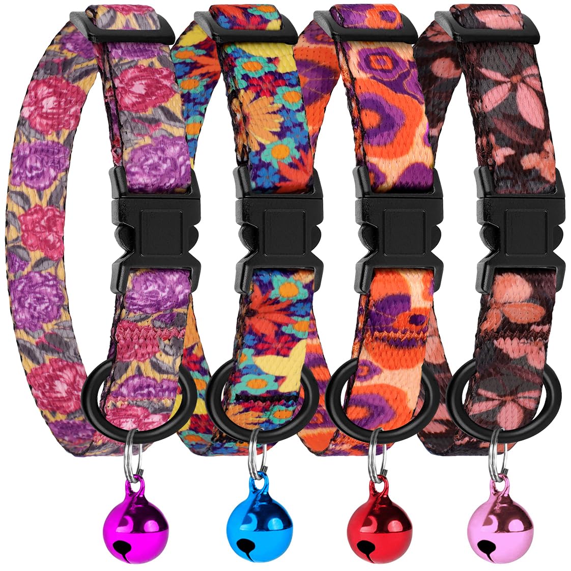 4PCS Breakaway Cat Collars with Bell - Cute Soft Adjustable Safety Kitten Collars 4-Pack - Nylon Pet Collars Nature Tribal Striped Floral Space Aztec Flowers Print (Nature)