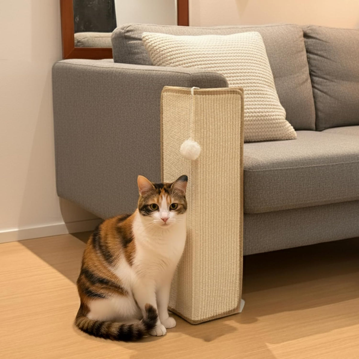 PETKARAY Under-Furniture Cat Scratcher, 23.6'' Sisal Scratching Post for Couch Corner, Furniture Protector Scratch Pad for Sofa with Toy Ball