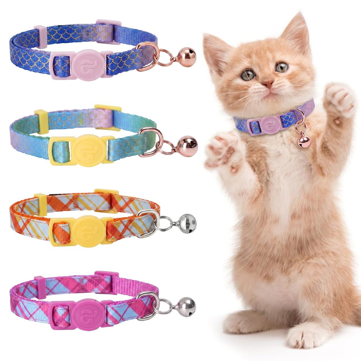 azuza 4 Pack Kitten Collars, Breakaway Kitten Collar with Bell, Plaid