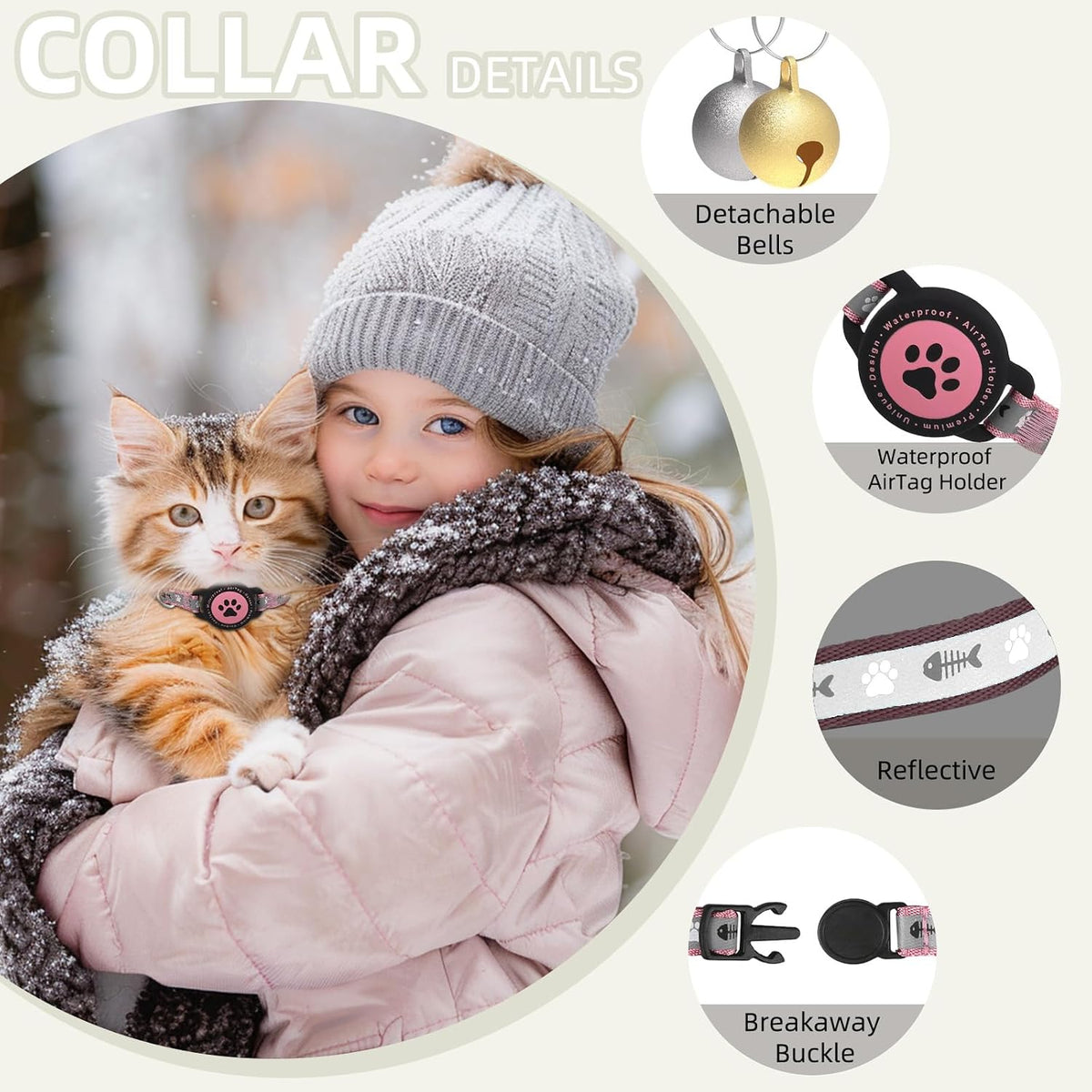 Waterproof Airtag Cat Collar, Breakaway Cat Airtag Collar with Bell