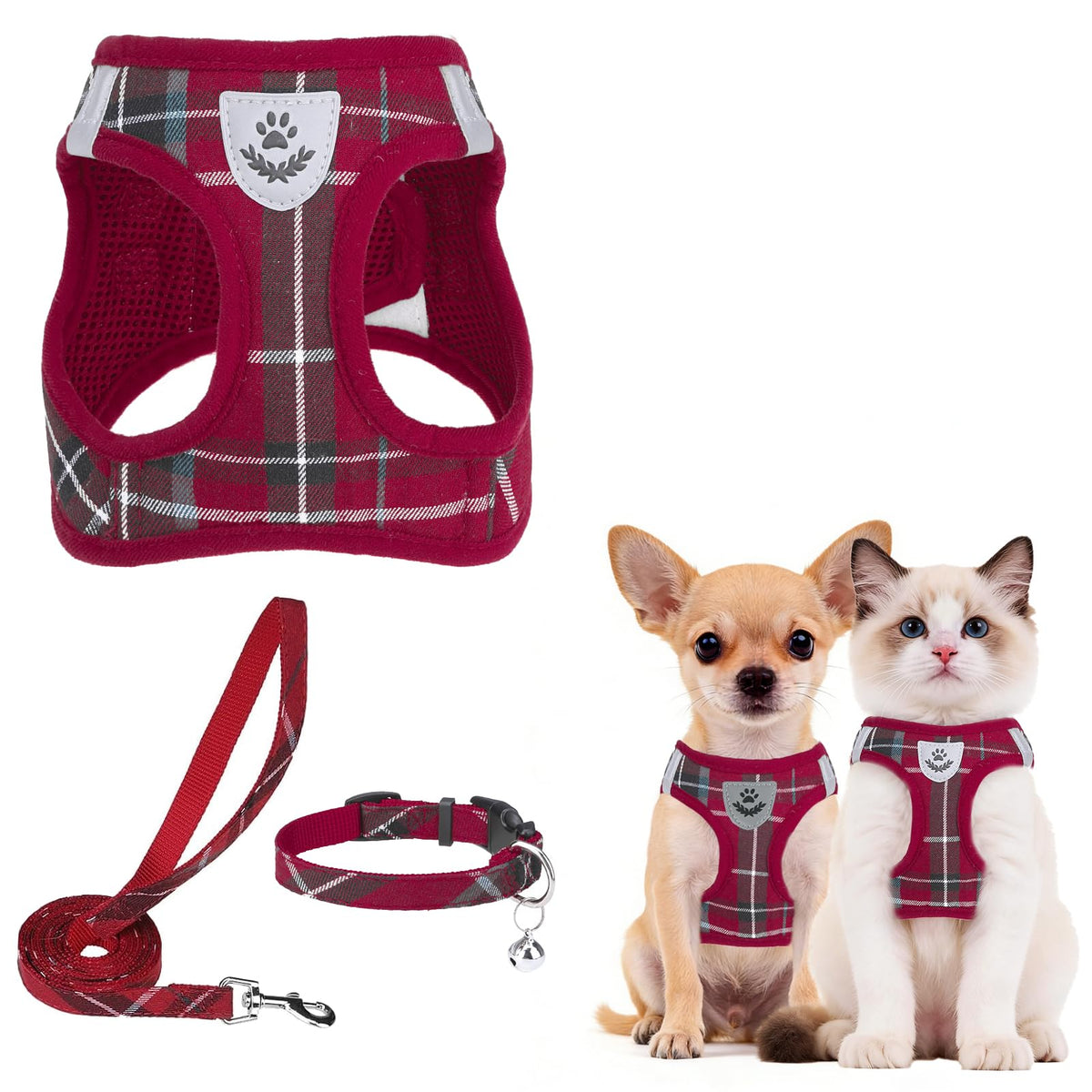 PUPTECK Adjustable Pet Harness Collar &Leash Set Step in for Small Dogs Puppy &Cats Outdoor Training &Running, Soft Mesh Padded Reflective Vest Harness,M: Chest girth: 16-18in Collar: 11.8-15.7in