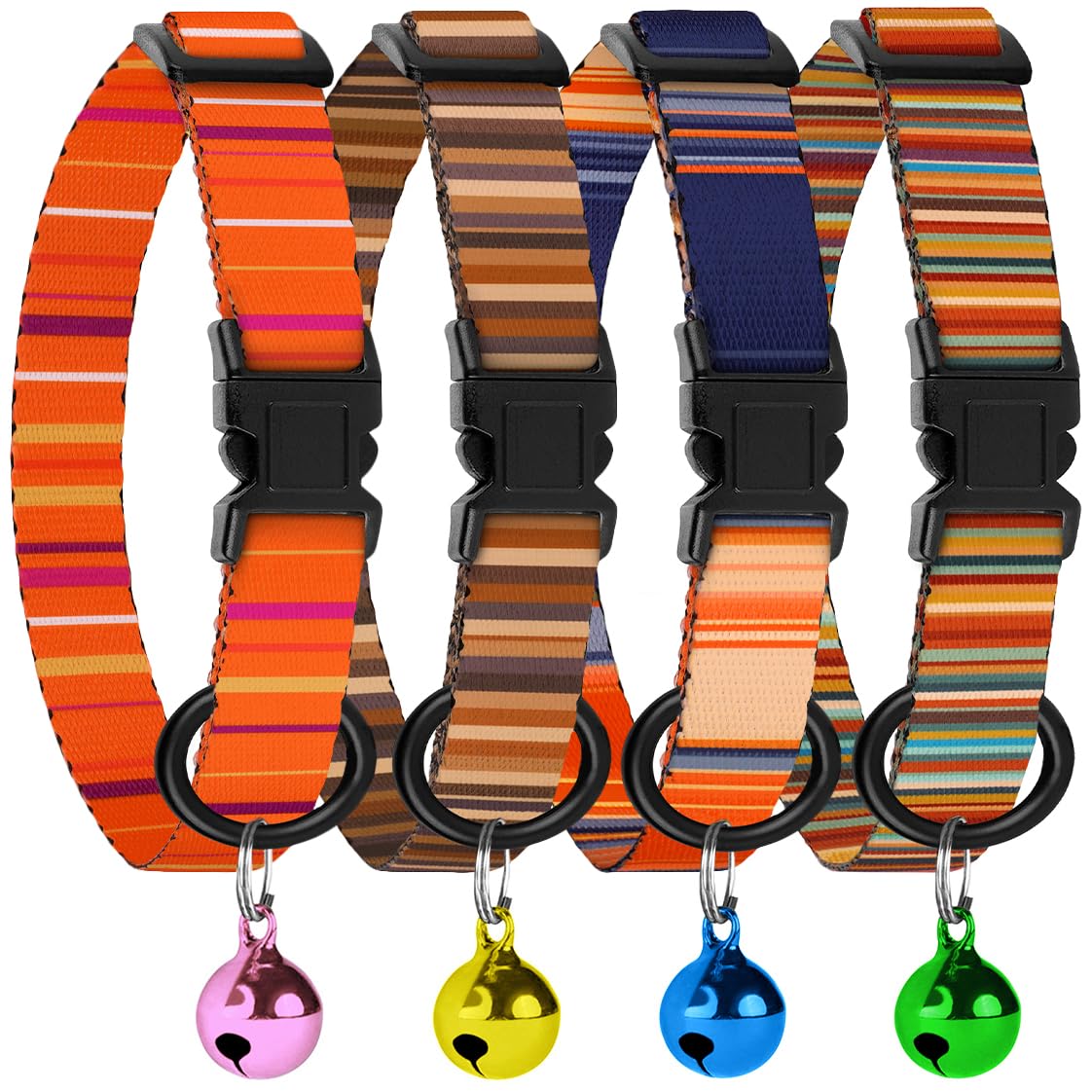 4PCS Breakaway Cat Collars with Bell - Cute Soft Adjustable Safety Kitten Collars 4-Pack - Nylon Pet Collars Nature Tribal Striped Floral Space Aztec Flowers Print (Nature)