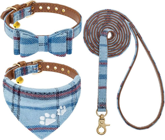 EXPAWLORER Dog Collar and Lead Set Embroidery Pawprint, Blue XS