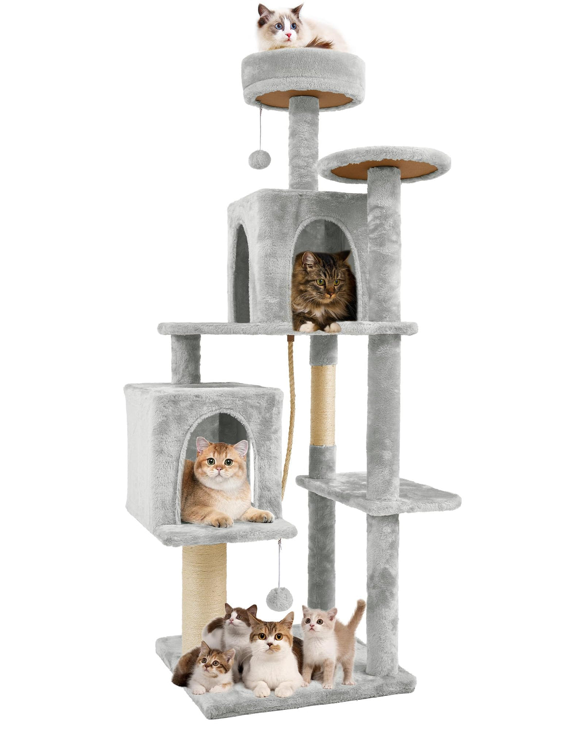 58.5inch Large Cat Tree Tower Condo for Indoor Cats, Soft Plush Multi-Level Climbing Tree Cat House with Cat Cave, Scratching Post, More Entrance/Exit, Sisal Rope, Grey Black
