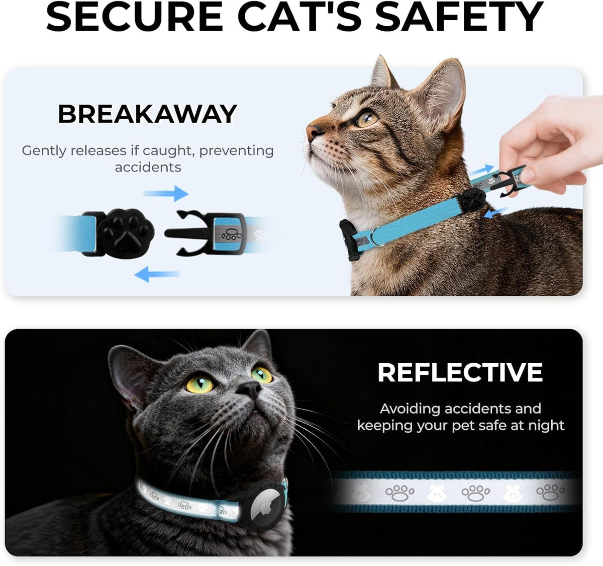 Breakaway AirTag Cat Collar, Reflective Cat Tracker Collar with Bell