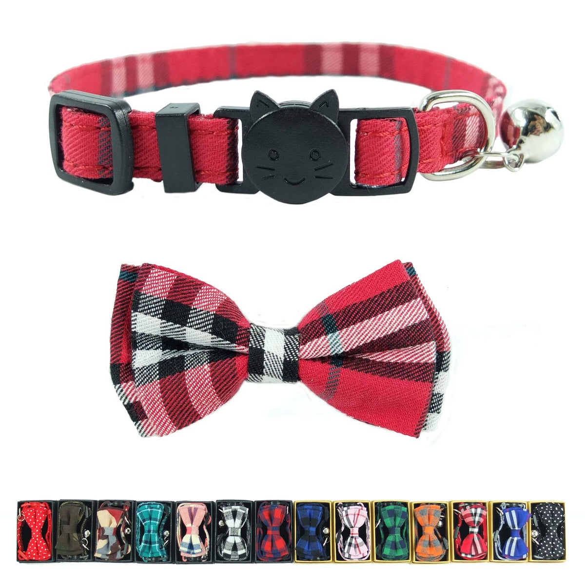 Cat Collar Breakaway with Bell and Bow Tie, Plaid Design Adjustable Safety Kitty Kitten Collars Set of 2 PCS (6.8-10.8in) (Green&Orange Plaid)