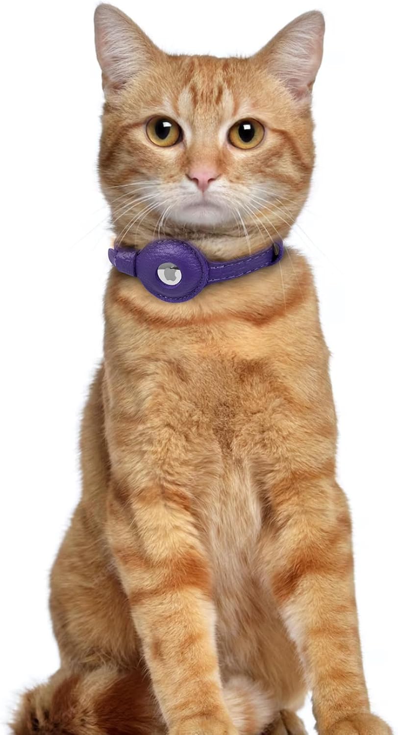OOPSDOGGY Leather AirTag Cat Collar with Bell - Non Breakaway Kitten Collar with Apple Air Tag Holder - Lightweight GPS Pet Collars for Girl Boy Cats, Small Dogs, Puppies (Purple)