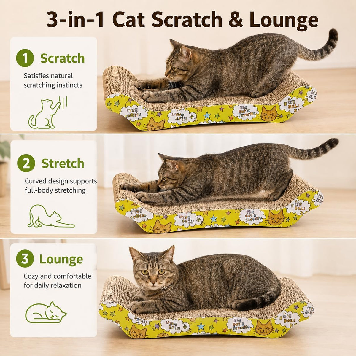 PrimePets Wave Cardboard Cat Scratcher 2 Pack, 17"x8.5" Curved Cat Lounge