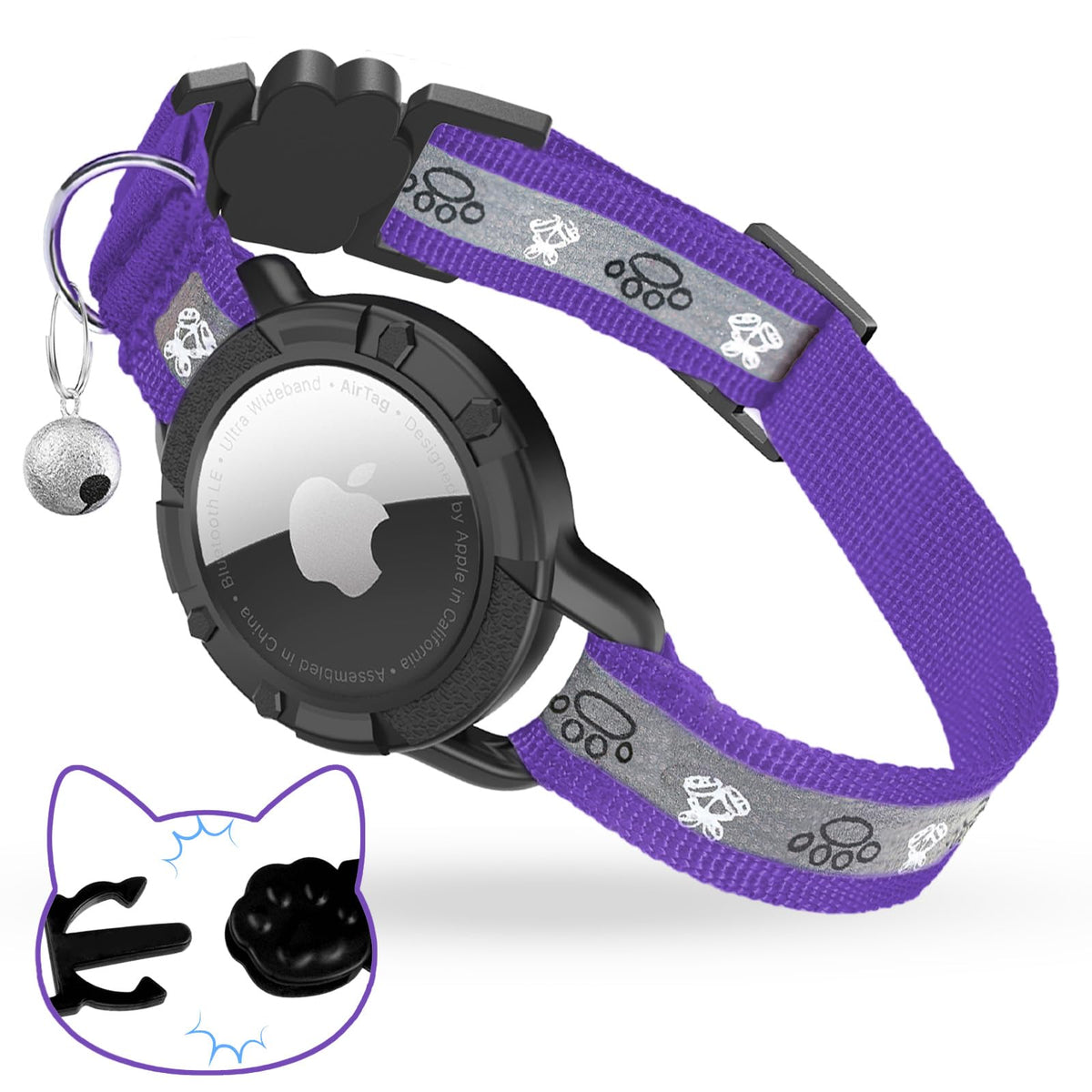 Breakaway AirTag Cat Collar, Reflective Cat Tracker Collar with Bell