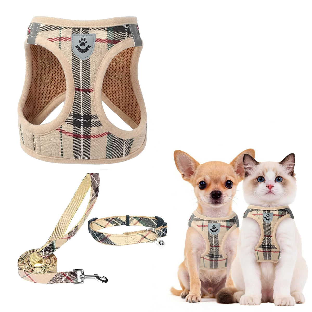 PUPTECK Adjustable Pet Harness Collar &Leash Set Step in for Small Dogs Puppy &Cats Outdoor Training &Running, Soft Mesh Padded Reflective Vest Harness,M: Chest girth: 16-18in Collar: 11.8-15.7in