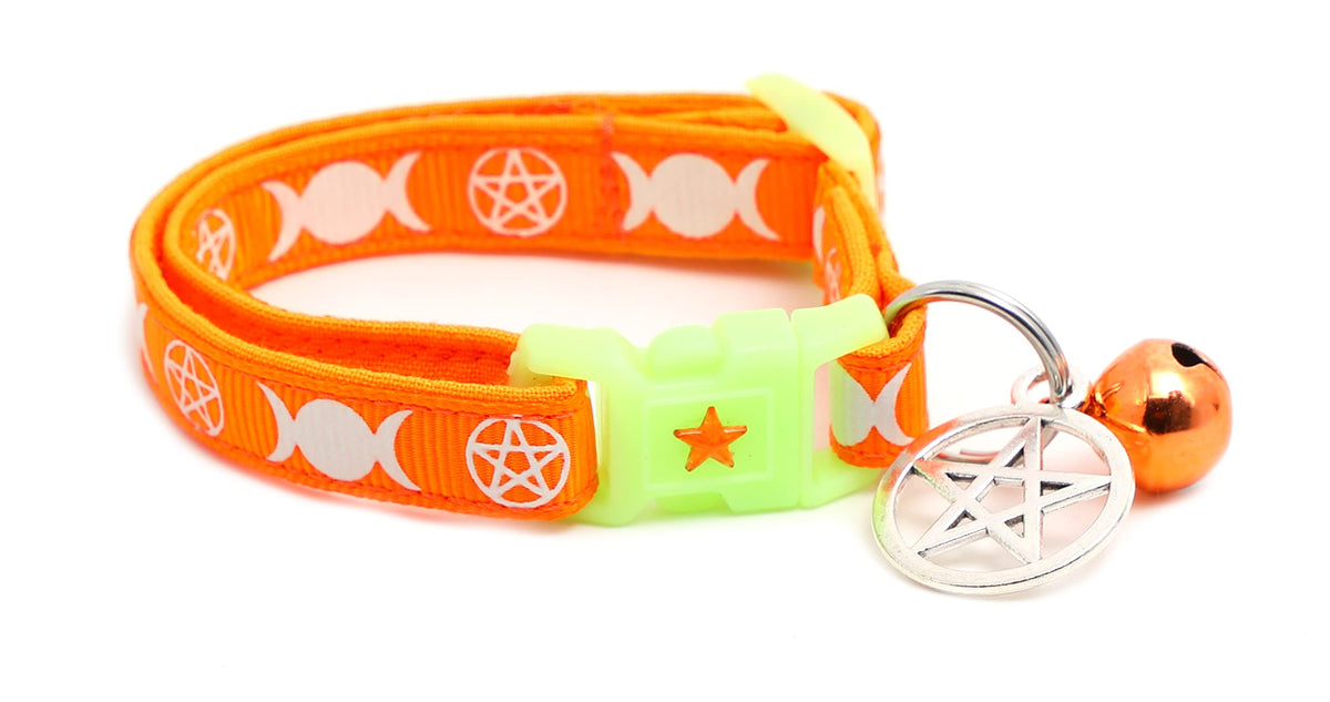 Wicca Cat Collar with Occult Charm & Bell | Witch's Familiar Cat Collar | Witch Kitten Collar Charms | Glow in The Dark | Safety Breakaway Collar (Small, Black)