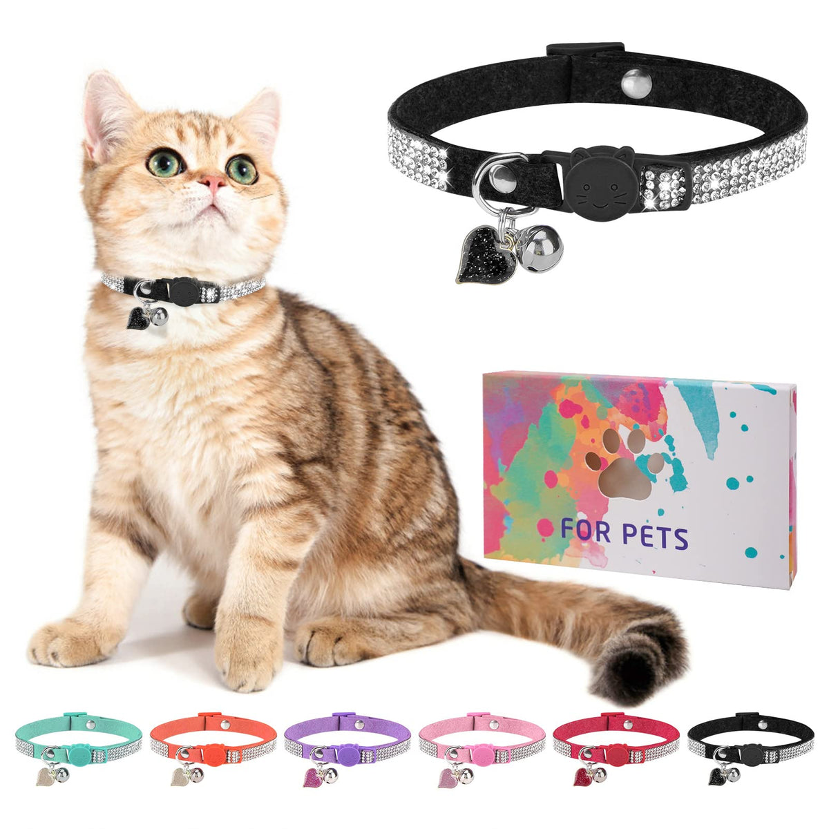 Rhinestone Cat Collar Breakaway, Bling Sparkly Diamond, 2 Pack