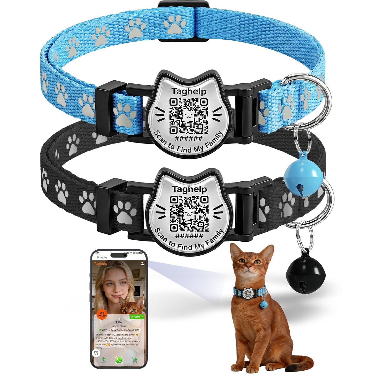 Breakaway Cat Collar with QR Code Tag and Bell (Black & Rose red)