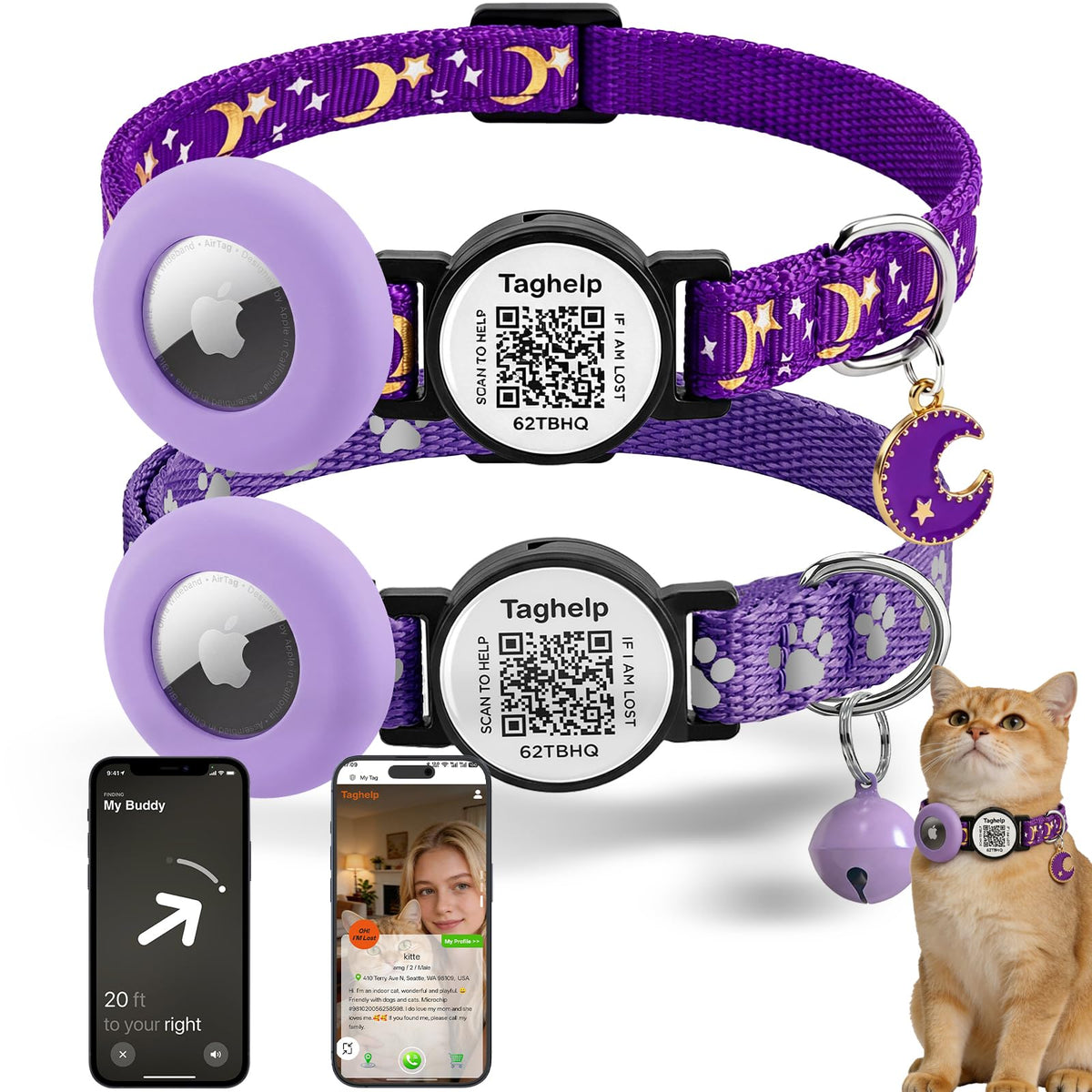 2 Pack Airtag Cat Collar, Breakaway Cat Airtag with Smart ID tag & QR Code Reflective (Moon Stars - Black & Pink, with Integrated AirTag Holder)