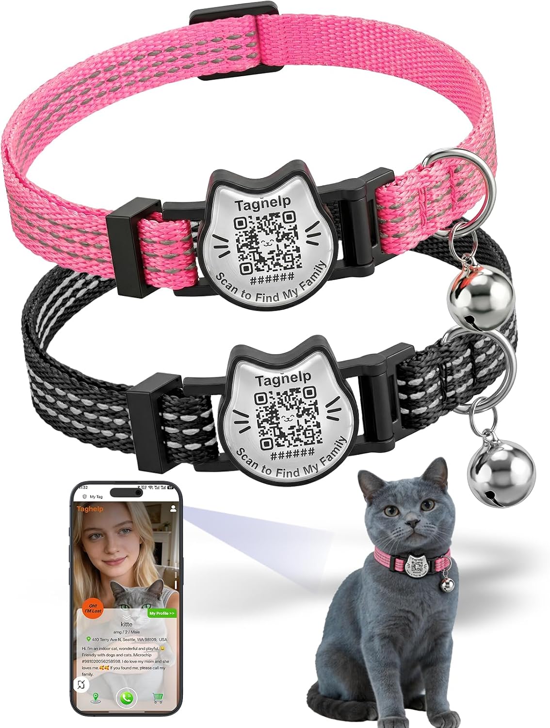 Breakaway Cat Collar with QR Code Tag and Bell (Black & Rose red)