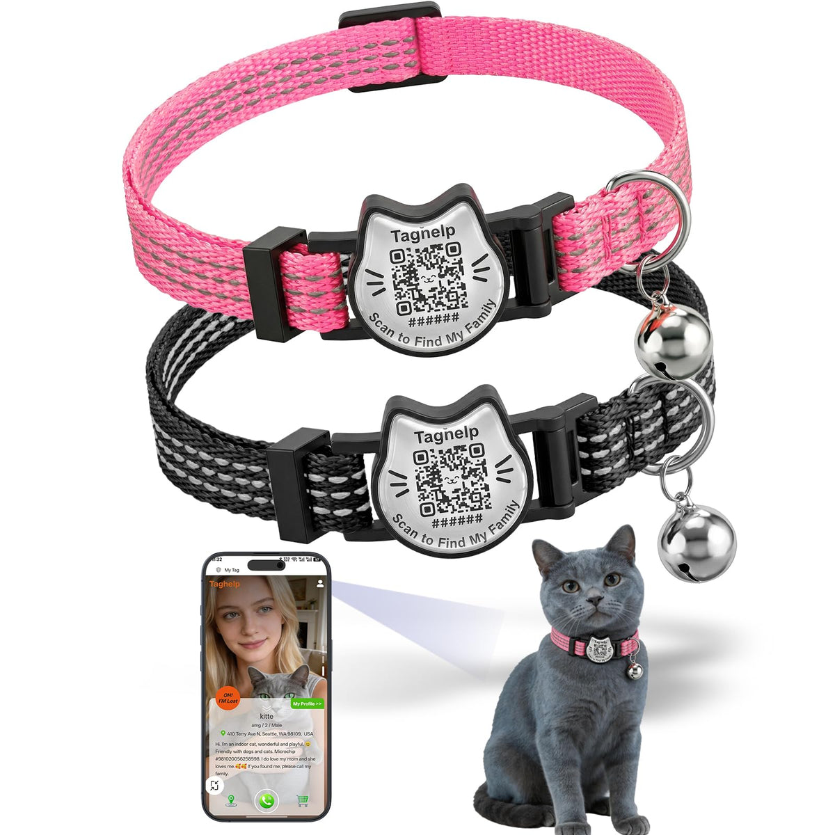 Breakaway Cat Collar with QR Code Tag and Bell (Black & Rose red)