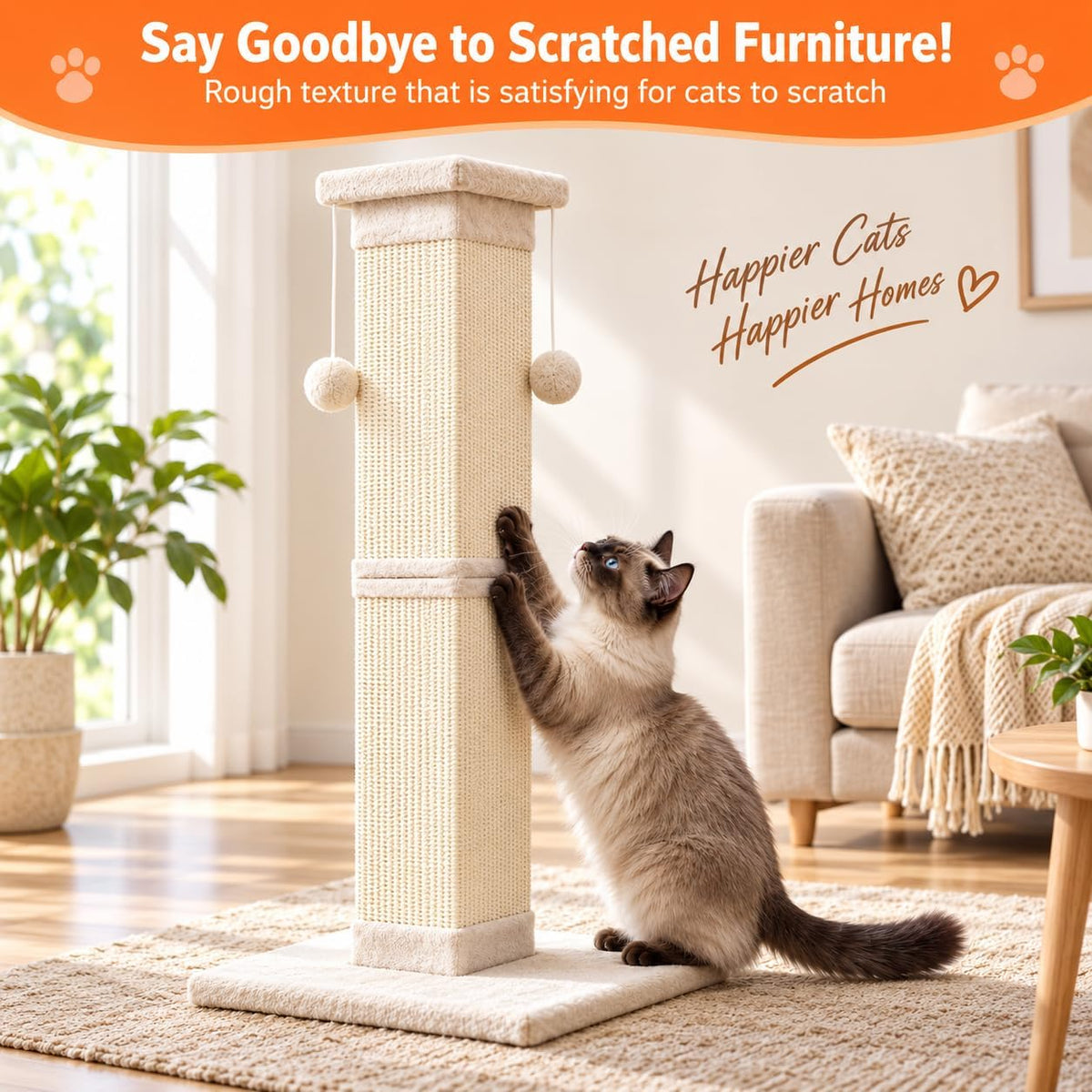 SOCATER Cat Scratching Post 33 Inch Nature Sisal Cat Scratch Post for Indoor Cats, Large Cat Scratcher Protect Your Furniture, for All Breeds