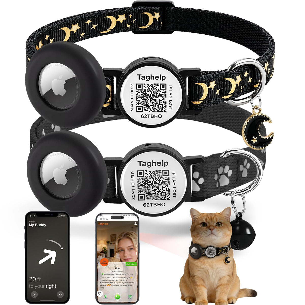 2 Pack Airtag Cat Collar, Breakaway Cat Airtag with Smart ID tag & QR Code Reflective (Moon Stars - Black & Pink, with Integrated AirTag Holder)