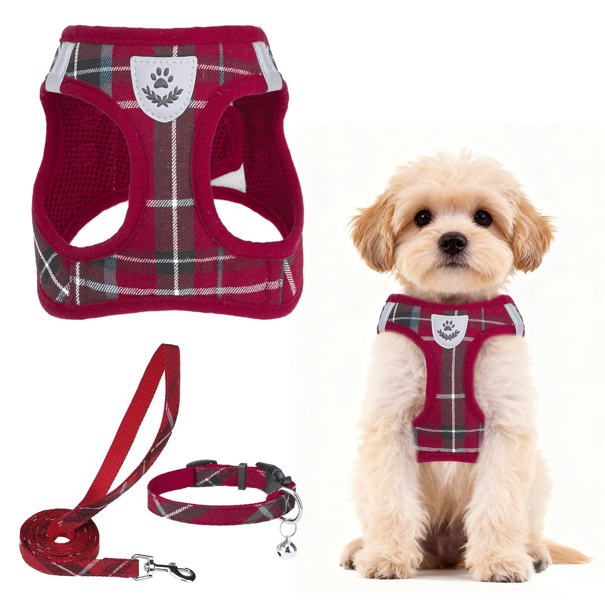 PUPTECK Adjustable Pet Harness Collar &Leash Set Step in for Small Dogs Puppy &Cats Outdoor Training &Running, Soft Mesh Padded Reflective Vest Harness,M: Chest girth: 16-18in Collar: 11.8-15.7in