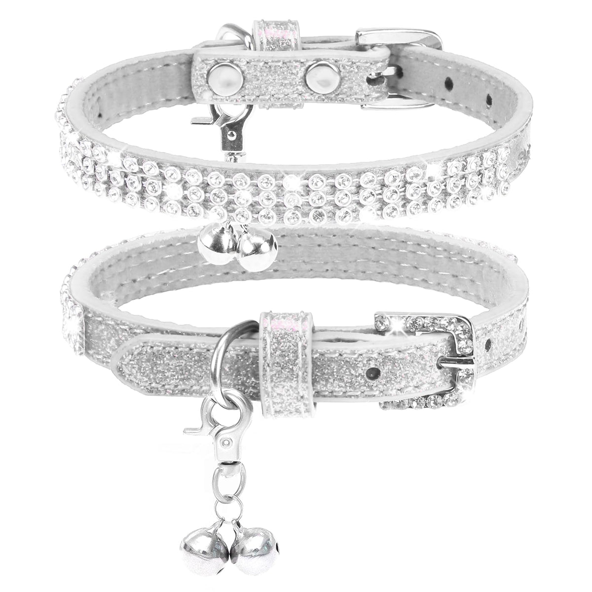 PUPTECK Basic Adjustable Cat Collar with Bling Diamond and Double Bells, for Kitten and Small Puppy, Fashion and Shining Dog Rhinestone Collars, 8-10 in, Pink