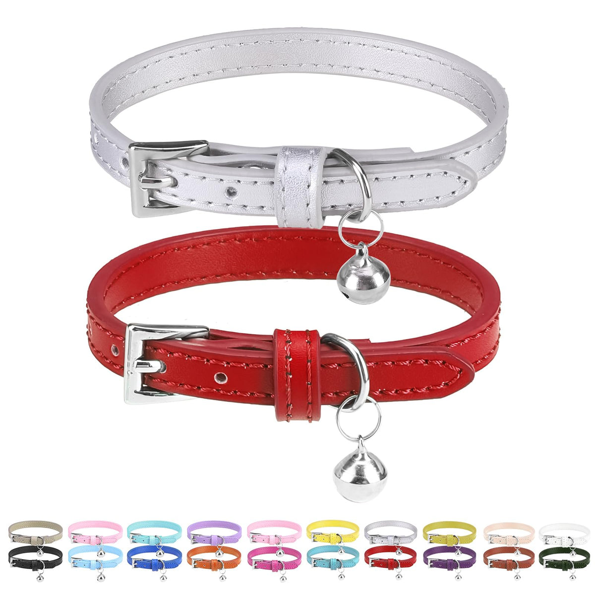 PUPTECK 2 PCS Soft Genuine Leather Cat Kitten Collar with Bells Adjustable for Girl Boy Cats Puppy - Yellow, Teal