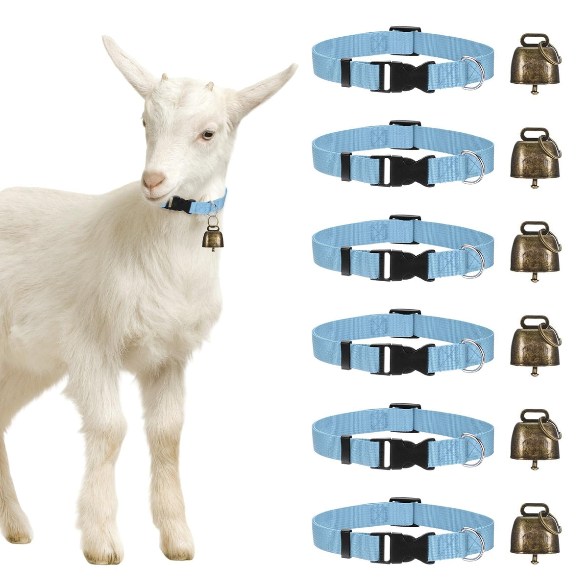 M METERXITY 6-Pack Goat Collars with Bells, 13.8"-20.5" Polyester Adjustable Pet Collar with Anti-Lost Grazing Copper Bell for Small Farm Animal/Sheep/Cow/Goat [Black]