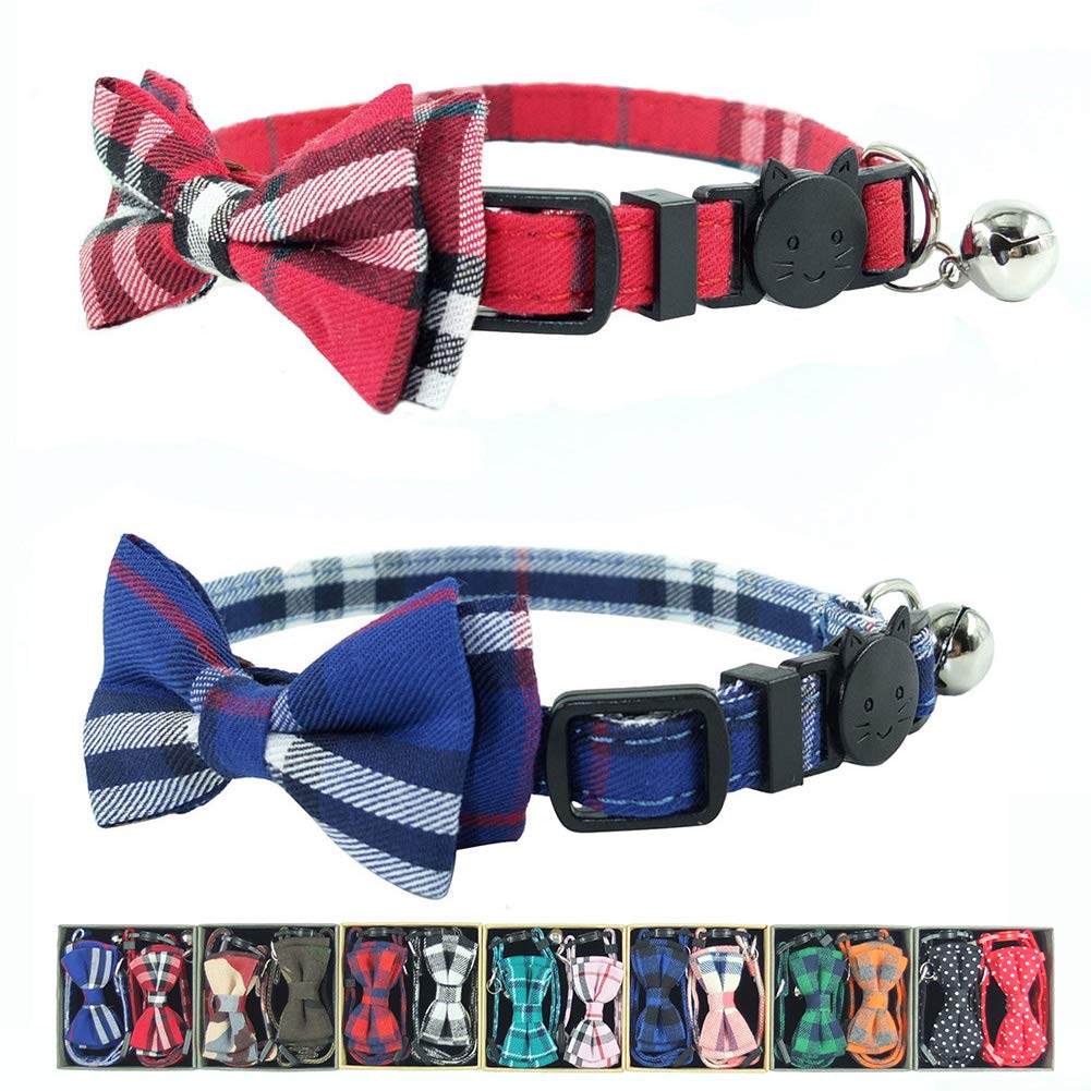 Cat Collar Breakaway with Bell and Bow Tie, Plaid Design Adjustable Safety Kitty Kitten Collars Set of 2 PCS (6.8-10.8in) (Green&Orange Plaid)