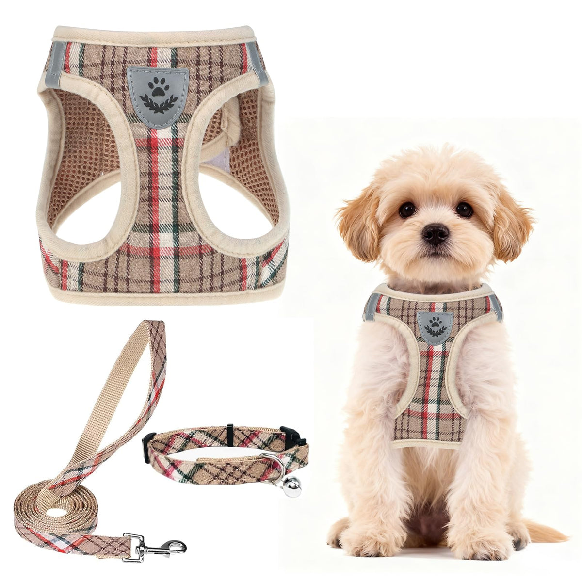PUPTECK Adjustable Pet Harness Collar &Leash Set Step in for Small Dogs Puppy &Cats Outdoor Training &Running, Soft Mesh Padded Reflective Vest Harness,M: Chest girth: 16-18in Collar: 11.8-15.7in