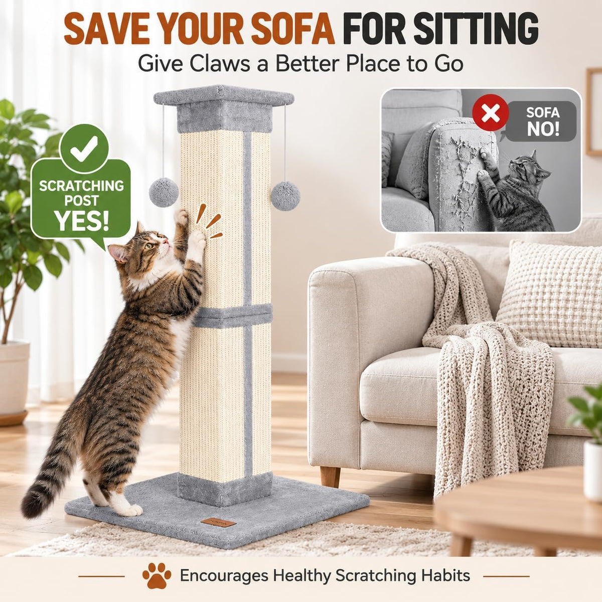 Cat Scratching Post 33 Inch for Indoor Cats, Tall Cat Scratcher with 100% Natural Sisal, Large Stable Base & 5 Inch Wide Post, Cat Scratch Post for Large Cats, Full-Body Stretching, Grey