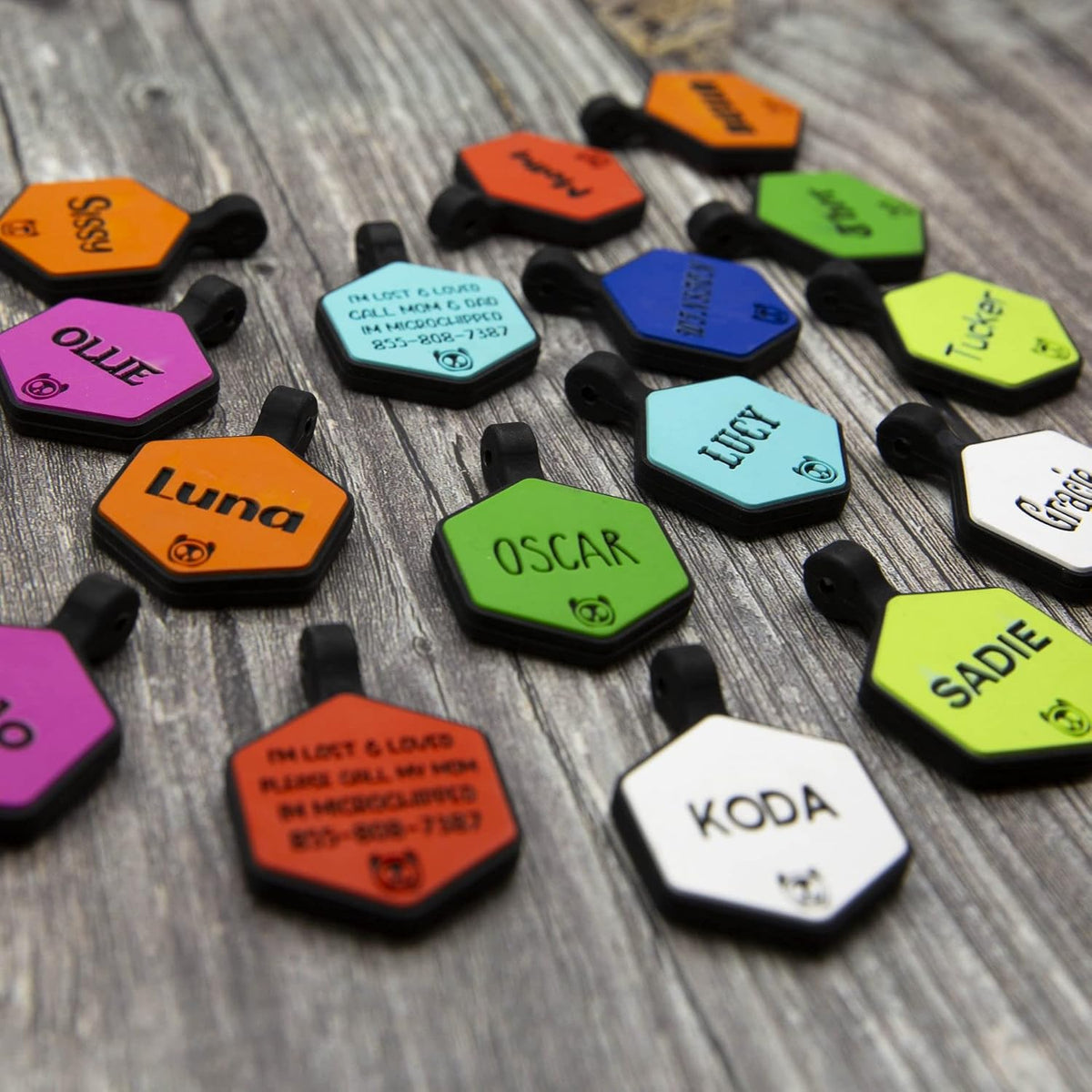 Silicone Silent Dog Tag Personalized with 5 Lines of Custom Deep Engraved Durable Soundless Pet ID Name Tag Hexagon Tiffany