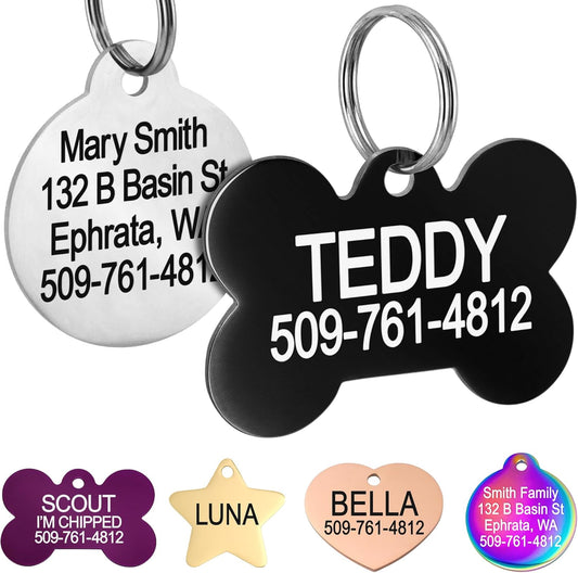 GoTags Dog Tags Personalized Engraved Pet ID Tags, Stainless Steel, Front and Backside Engraving, Available in Bone, Round, Heart, Bow Tie and More, Small and Large Dog and Cat (Pack of 1)