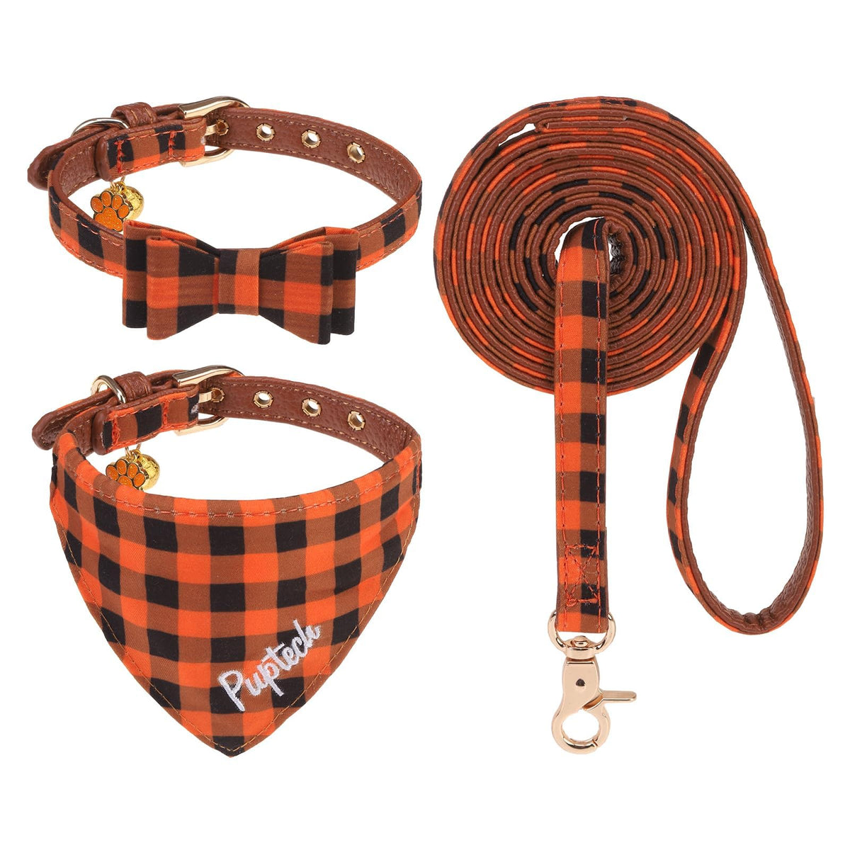 PUPTECK Halloween Dog Collar and Leash Set - 3 Pack Adjustable Pet Bandana Collars with Bow Tie and Bells, Soft Leather for Small Dogs Puppies and Cats Accessories, Orange Pumpkin