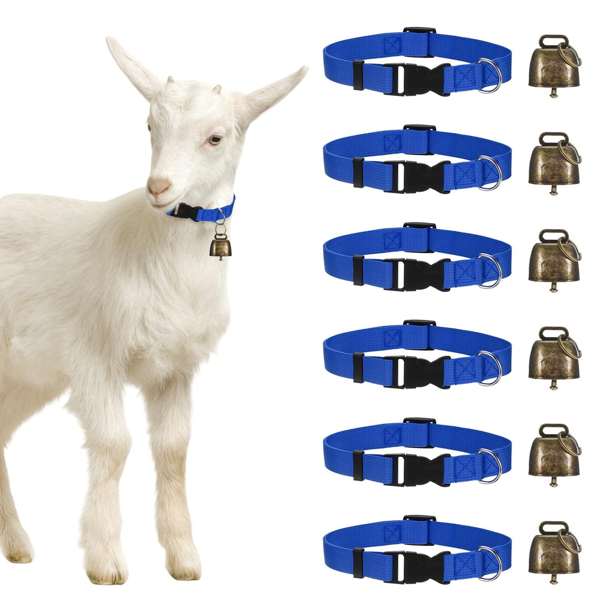 M METERXITY 6-Pack Goat Collars with Bells, 13.8"-20.5" Polyester Adjustable Pet Collar with Anti-Lost Grazing Copper Bell for Small Farm Animal/Sheep/Cow/Goat [Black]