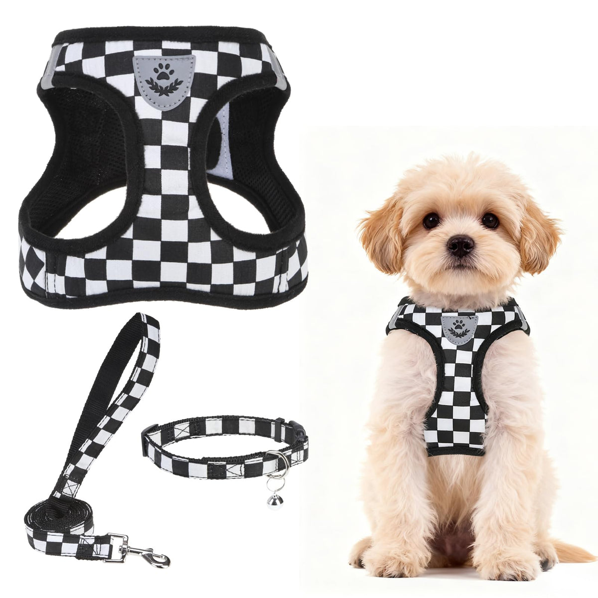 PUPTECK Adjustable Pet Harness Collar &Leash Set Step in for Small Dogs Puppy &Cats Outdoor Training &Running, Soft Mesh Padded Reflective Vest Harness,M: Chest girth: 16-18in Collar: 11.8-15.7in
