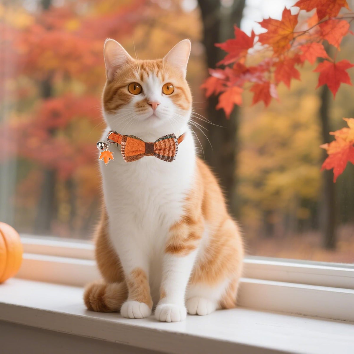 ADOGGYGO Fall Cat Collar Breakaway, Orange Plaid Thanksgiving Cat Bow Tie