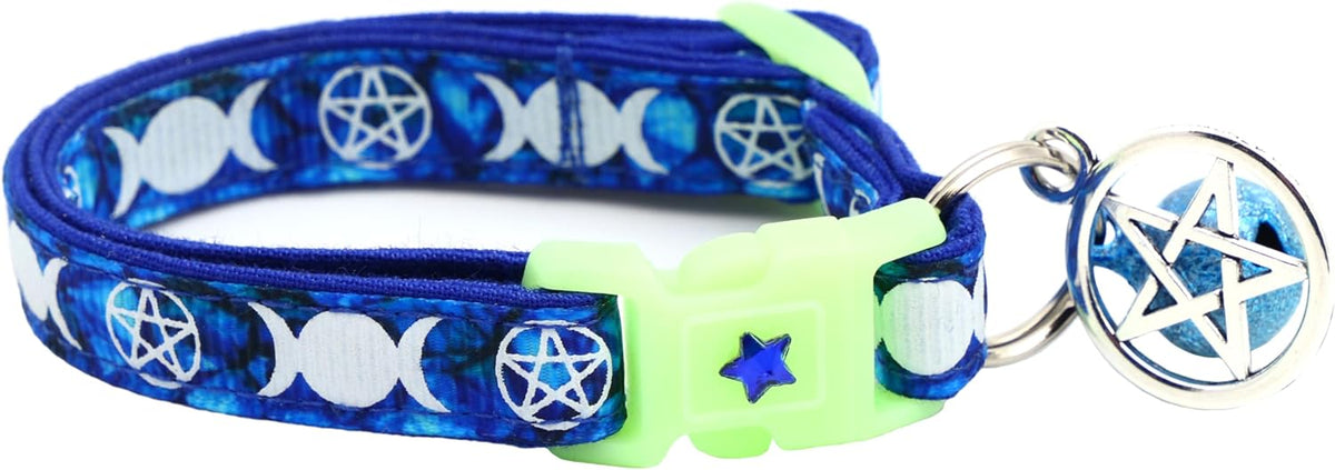 Wicca Cat Collar with Occult Charm & Bell | Witch's Familiar Cat Collar | Witch Kitten Collar Charms | Glow in The Dark | Safety Breakaway Collar (Small, Black)