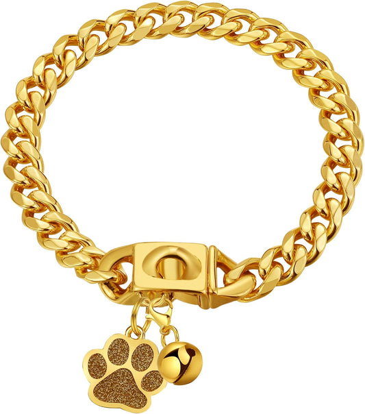Dog Chain Collars Gold Dog Collar 10mm Gold Cuban Link Dog Collar Stainless Steel 18K Gold Dog Chain with Snap Buckle Dog tag & Bell for Puppy Small Medium Large Dogs(16")