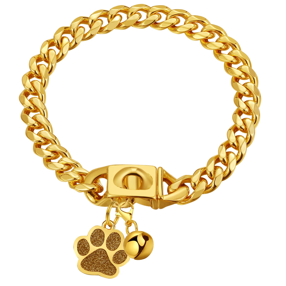 Dog Chain Collars Gold Dog Collar 10mm Gold Cuban Link Dog Collar Stainless Steel 18K Gold Dog Chain with Snap Buckle Dog tag & Bell for Puppy Small Medium Large Dogs(16")