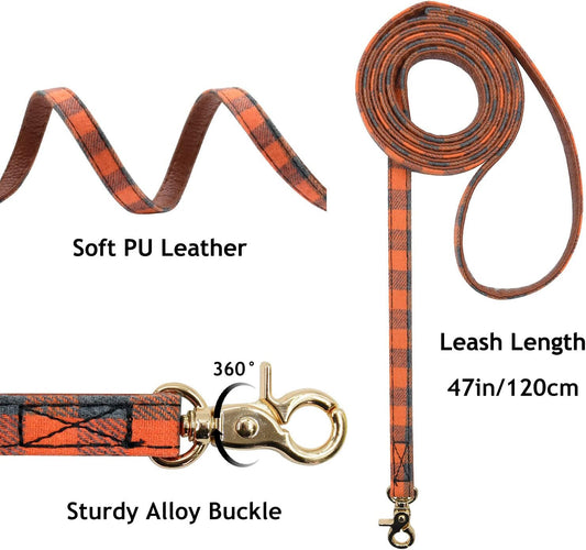 3PCS Bow Tie Dog Collar and Leash Set Plaid/Camo/Dots/Flower Dog Bandanas with Bell 3 Size Adjustable for Small Dogs Puppies and Cats (XS, Orange Plaid)