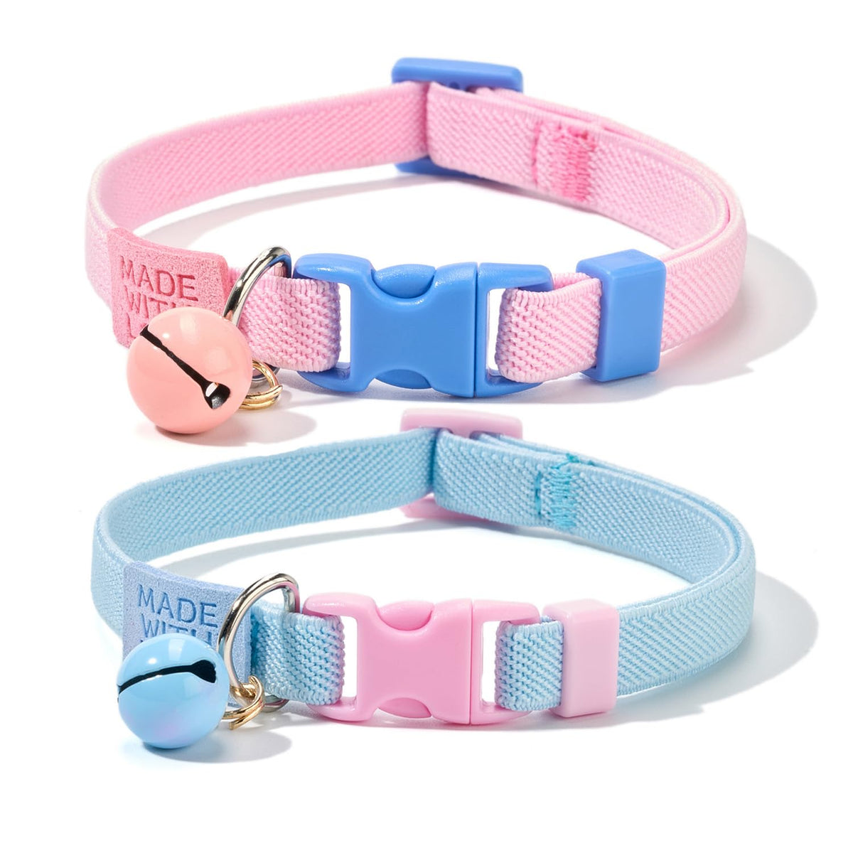 Bowtie Cat Collar with Bell, 2 Pack Cotton Breakaway Kitten Collars with Removeable Bow Stylish Cat Collars, Gradient Plaid & Polka Dot Blue