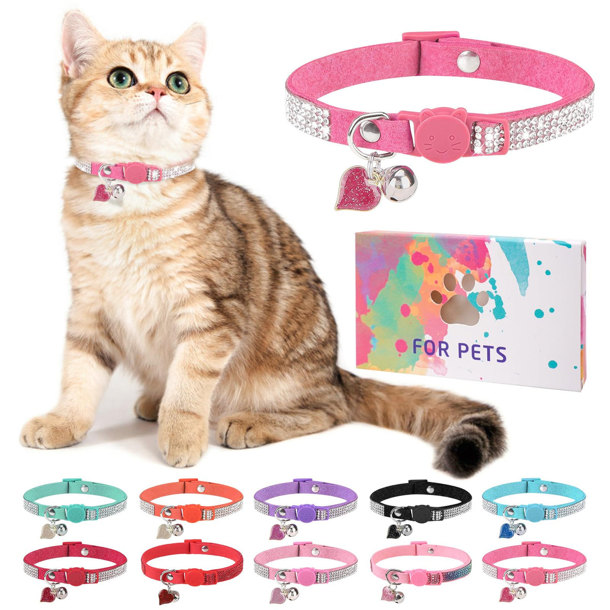 Rhinestone Cat Collar Breakaway, Bling Sparkly Diamond, 2 Pack