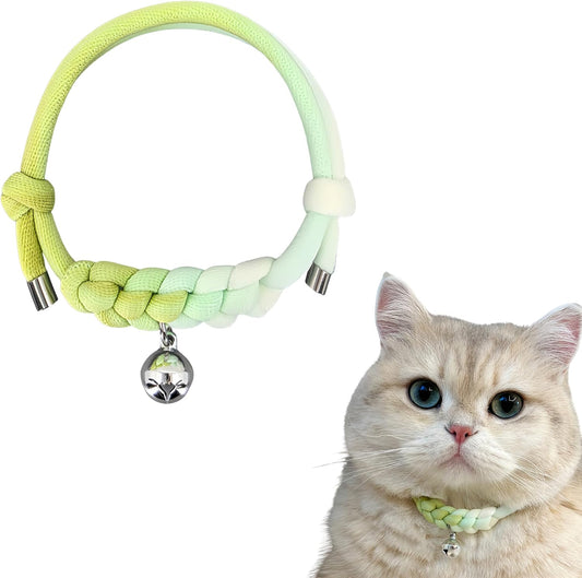 Cat Collar with Bell, Cute Adjustable Cotton Kitten Collar, Soft Lightweight Slip On Collar for Indoor Cats, Handmade in California (Green Ombre)