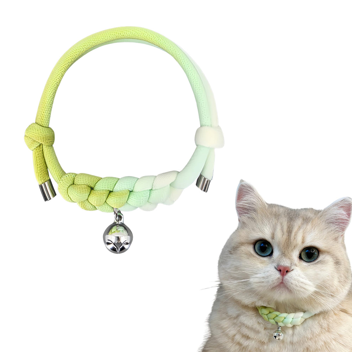 Cat Collar with Bell, Cute Adjustable Cotton Kitten Collar, Soft Lightweight Slip On Collar for Indoor Cats, Handmade in California (Green Ombre)