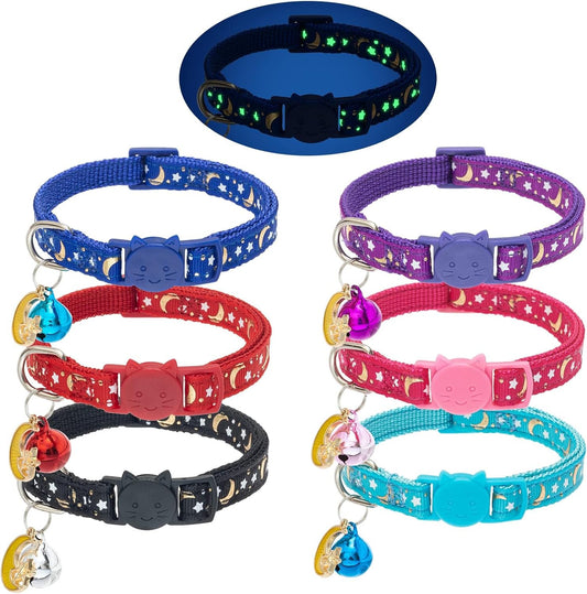 KOOLTAIL Glow in The Dark Cat Collar Breakaway with Bells,6 Pack Moonlight Cute Kitten Collars, Personalized Reflective Safety Buckle Stars&Moon Charm Pet Collars for Kitty Boys Girls, Pink Purple