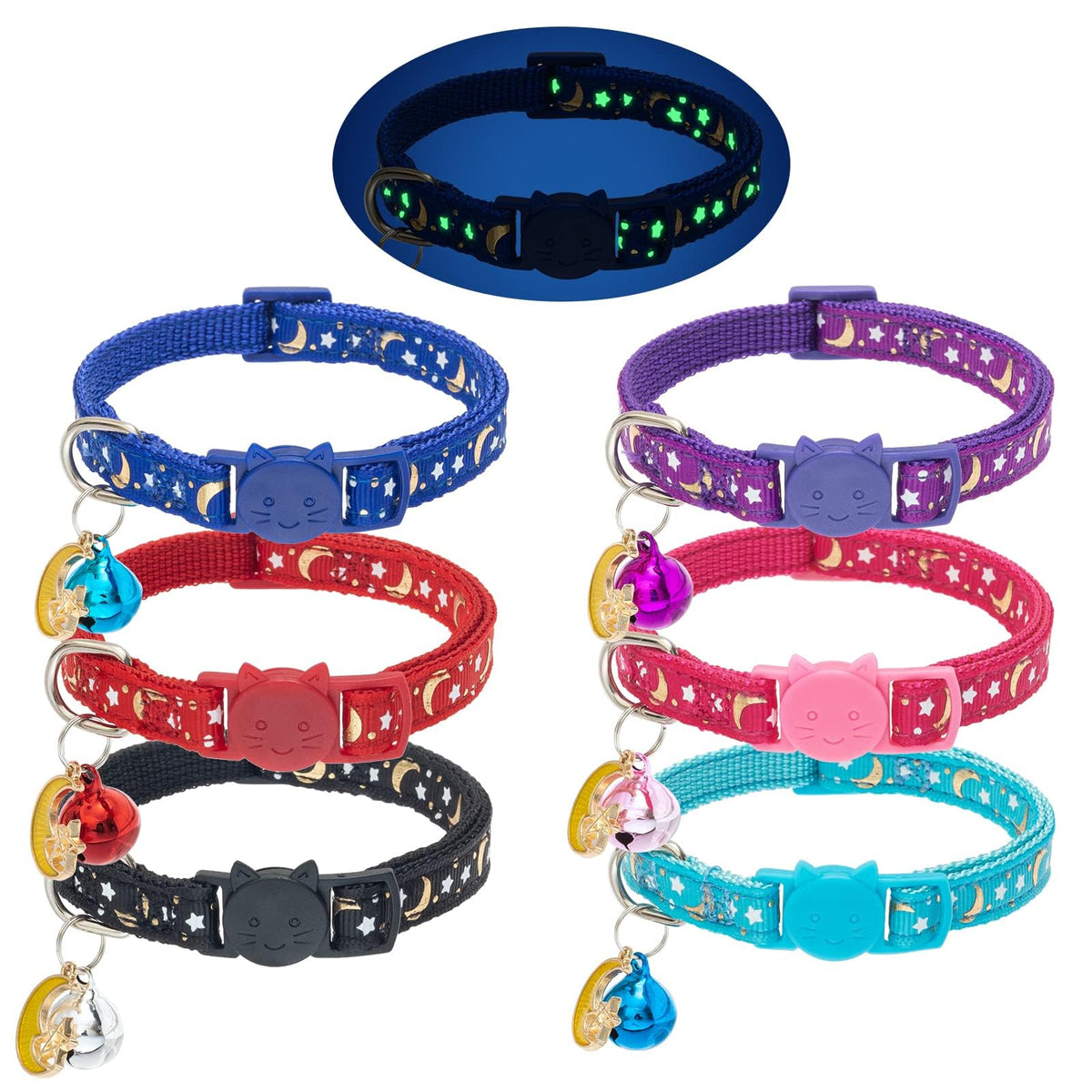 KOOLTAIL Glow in The Dark Cat Collar Breakaway with Bells,6 Pack Moonlight Cute Kitten Collars, Personalized Reflective Safety Buckle Stars&Moon Charm Pet Collars for Kitty Boys Girls, Pink Purple