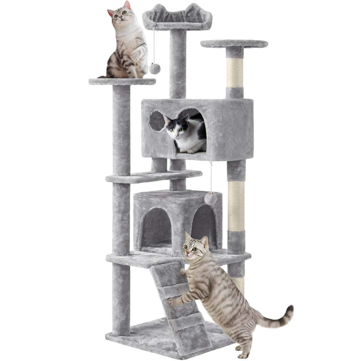 Yaheetech 54in Cat Tree Tower, 2 Caves, Kitten-Ear Perch & Scratching Posts