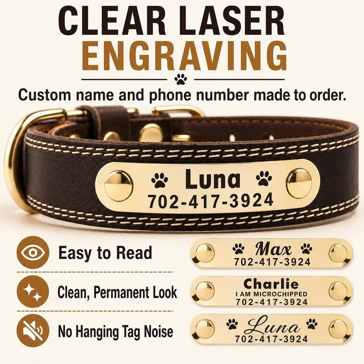 Personalized Dog Collar - Custom Leather Dog Collar with Engravable Nameplate - Durable Name Tag Collar - Customizable Dog Collar - Comfortable ID Collars for Small, Medium, Large Dogs (Medium)