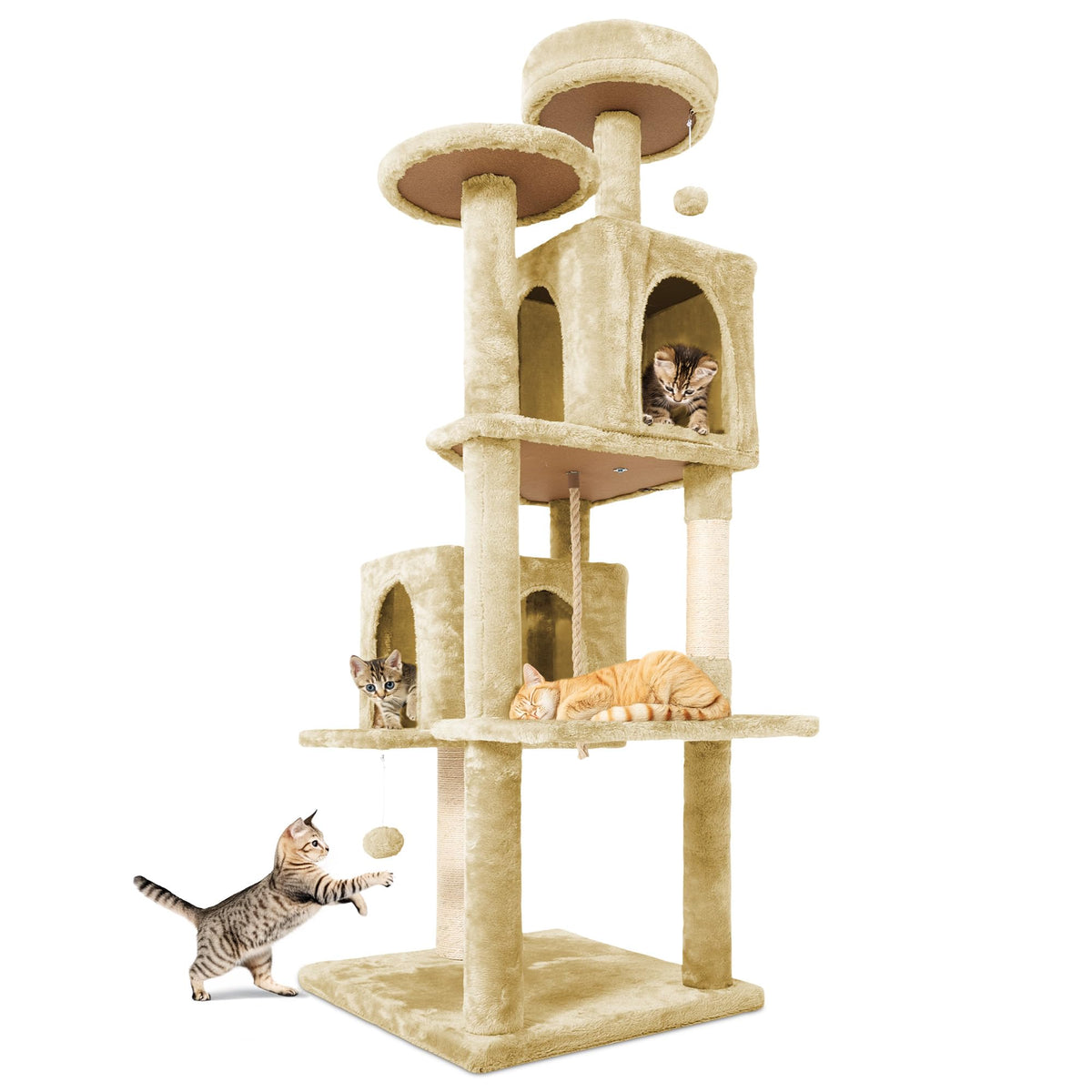 58.5inch Large Cat Tree Tower Condo for Indoor Cats, Soft Plush Multi-Level Climbing Tree Cat House with Cat Cave, Scratching Post, More Entrance/Exit, Sisal Rope, Grey Black
