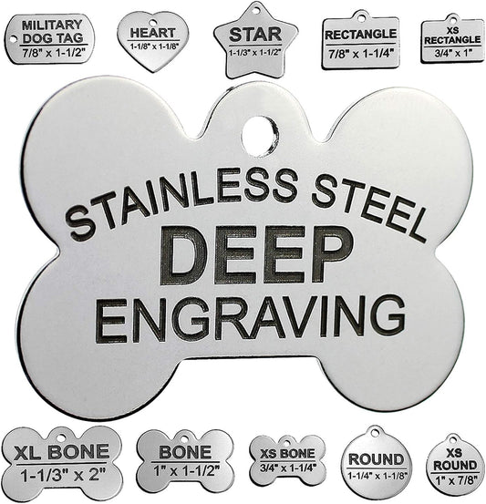 DEEP Engraved Premium Dog & Cat ID Tag – Personalized, Stainless Steel, Long-Lasting Durability - Bone 1" x1-1/2 (2-Side Engraving)