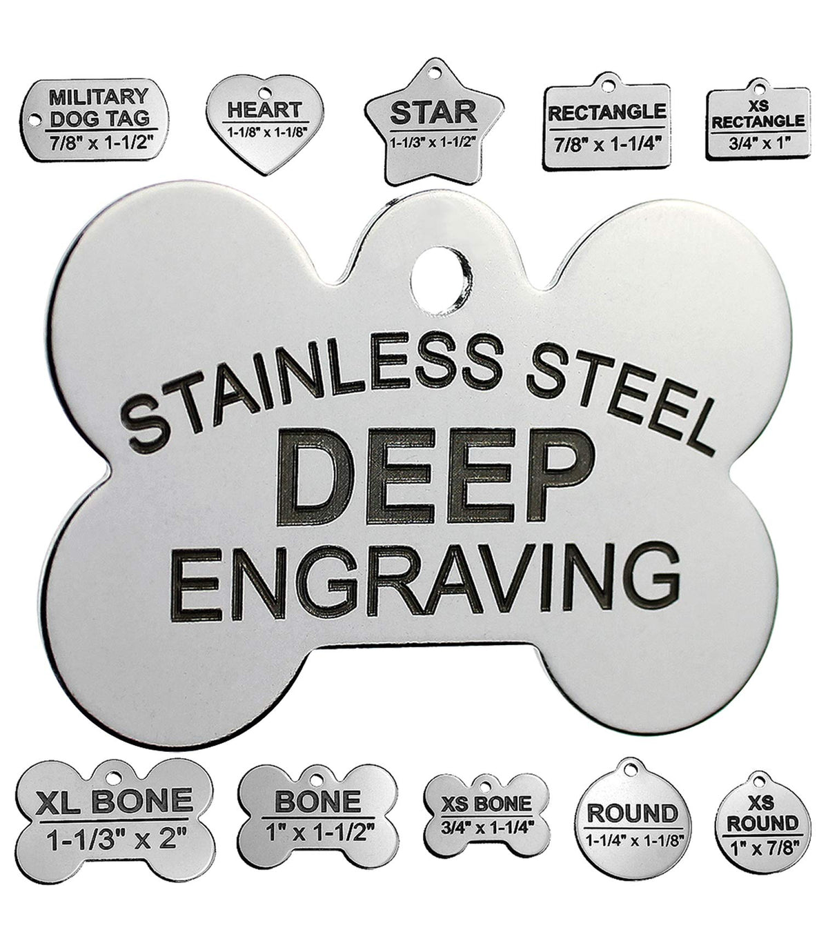 DEEP Engraved Premium Dog & Cat ID Tag – Personalized, Stainless Steel, Long-Lasting Durability - Bone 1" x1-1/2 (2-Side Engraving)